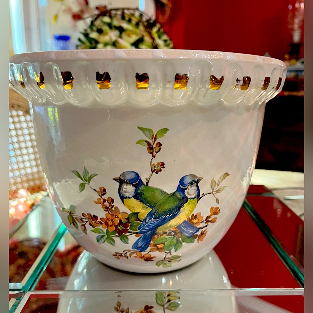 Frankton Tegelen Holland Large Planter w Wild Birds Pattern & Gold Crown Edging